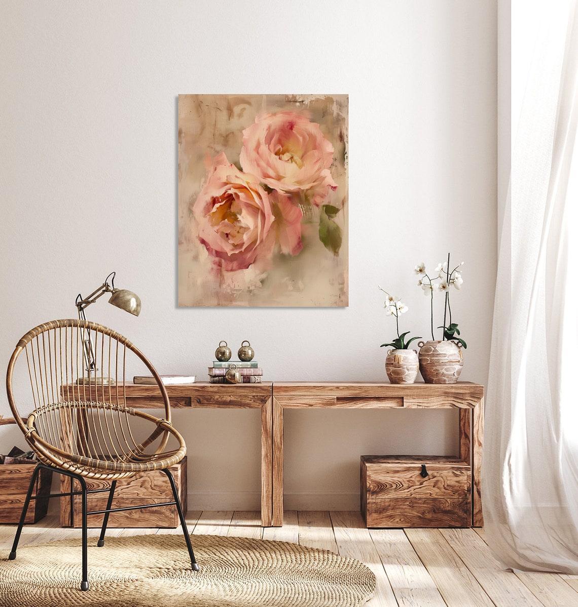 Two Blush Pink Roses Impressionistic Floral Painting Vintage Poster - Image 5