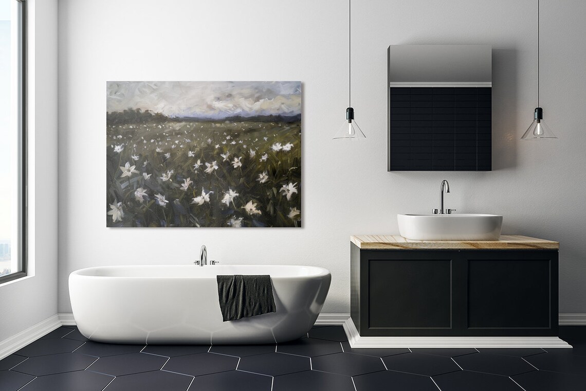 White Wildflower Field Under Cloudy Sky Moody Landscape Art Poster - Image 5