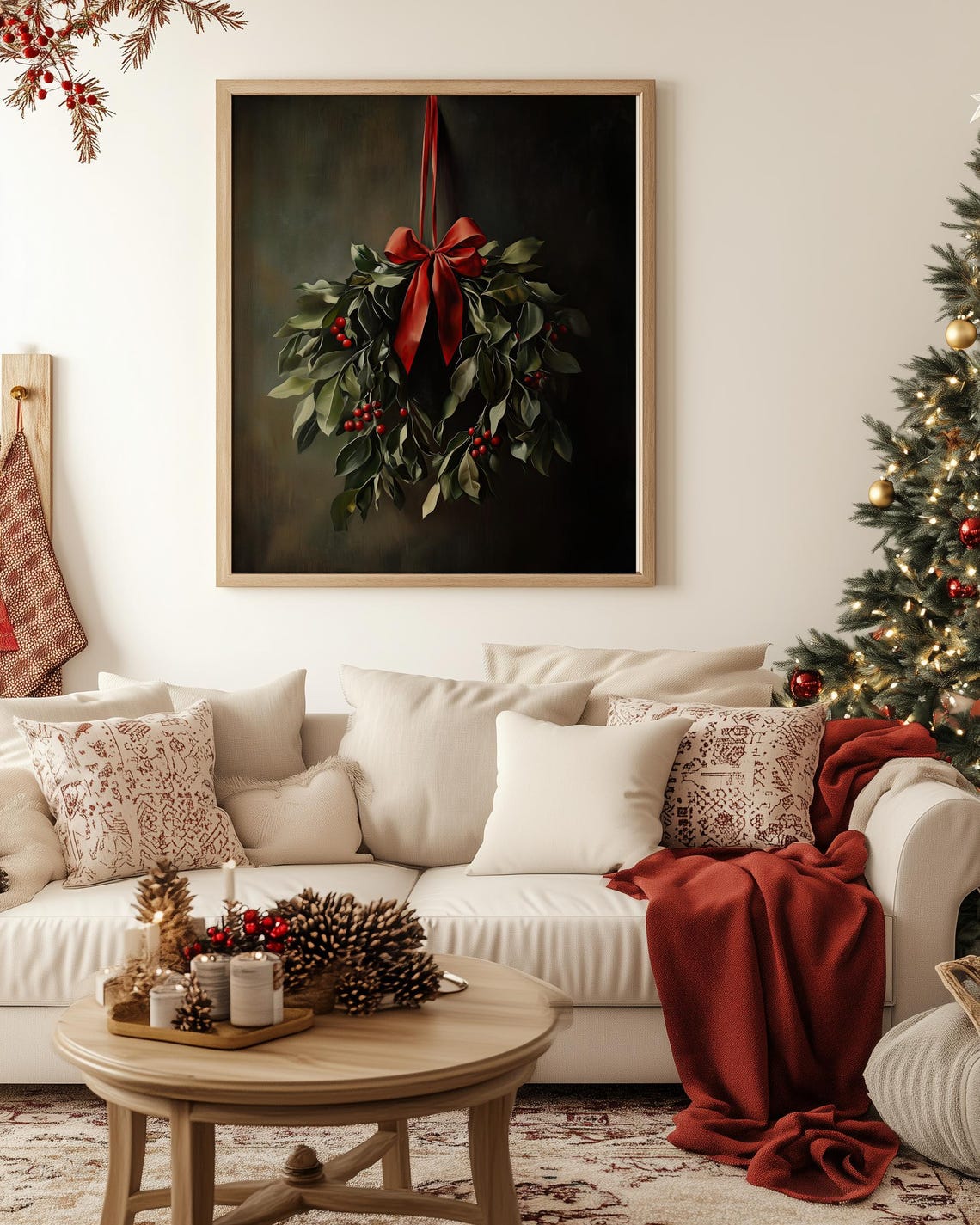 Moody Dark Christmas Wreath with Red Ribbon Vintage Style Poster - Image 2