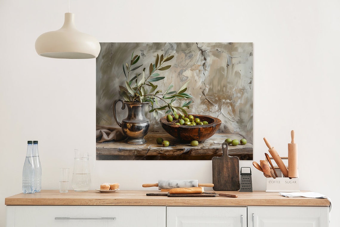 Olive Branches and Green Olives Rustic Still Life Painting Poster - Image 2