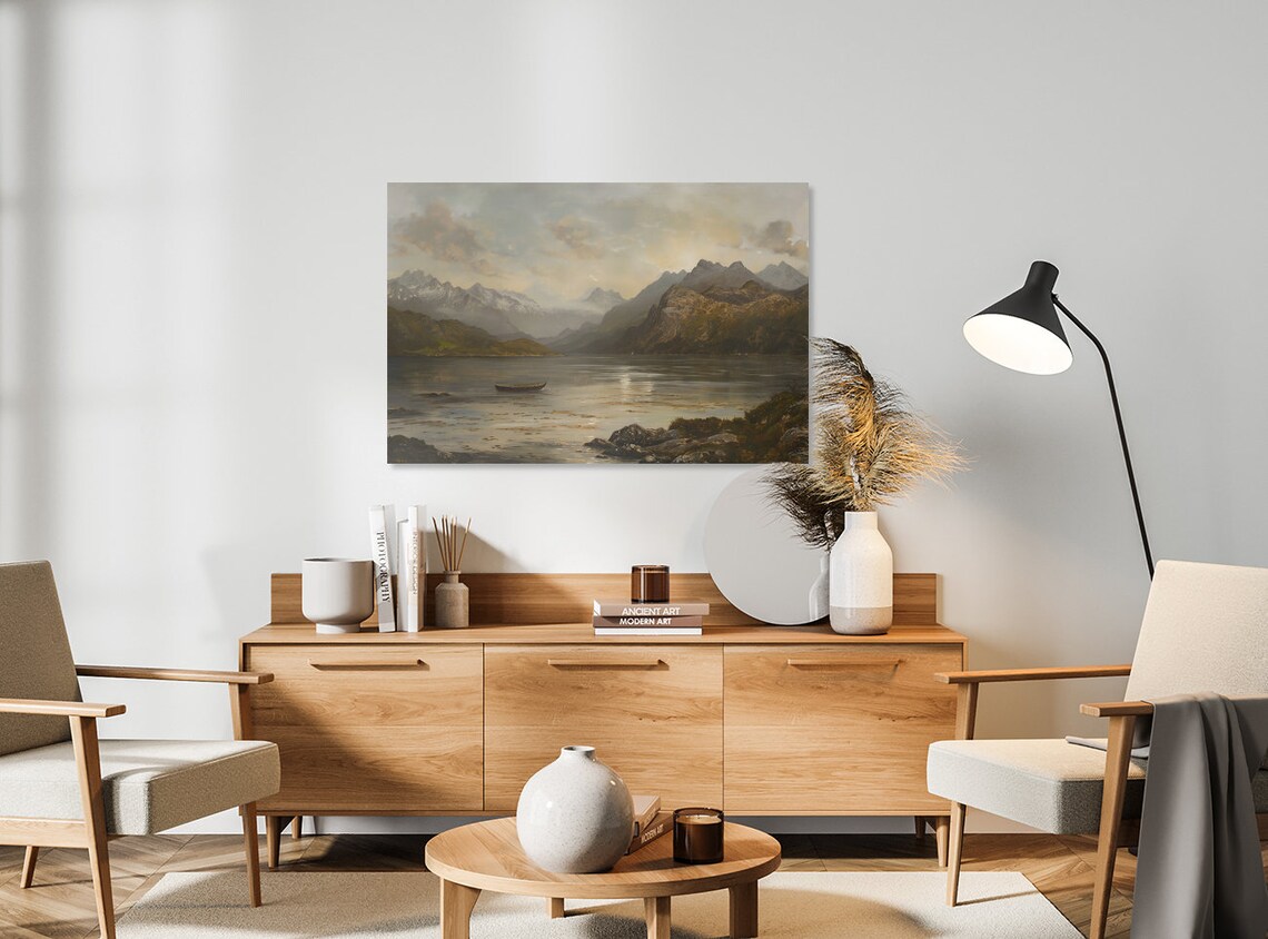 Fjord Lake Majestic Mountains Vintage Painting Lone Boat Poster - Image 5