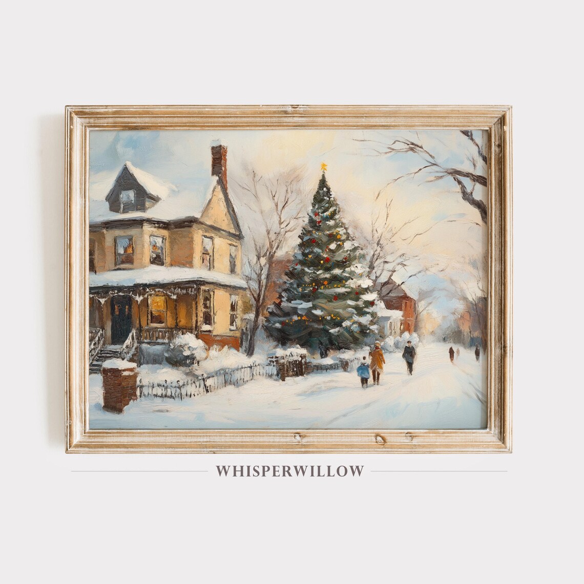 Victorian House with Glowing Christmas Tree on Snowy Street Poster
