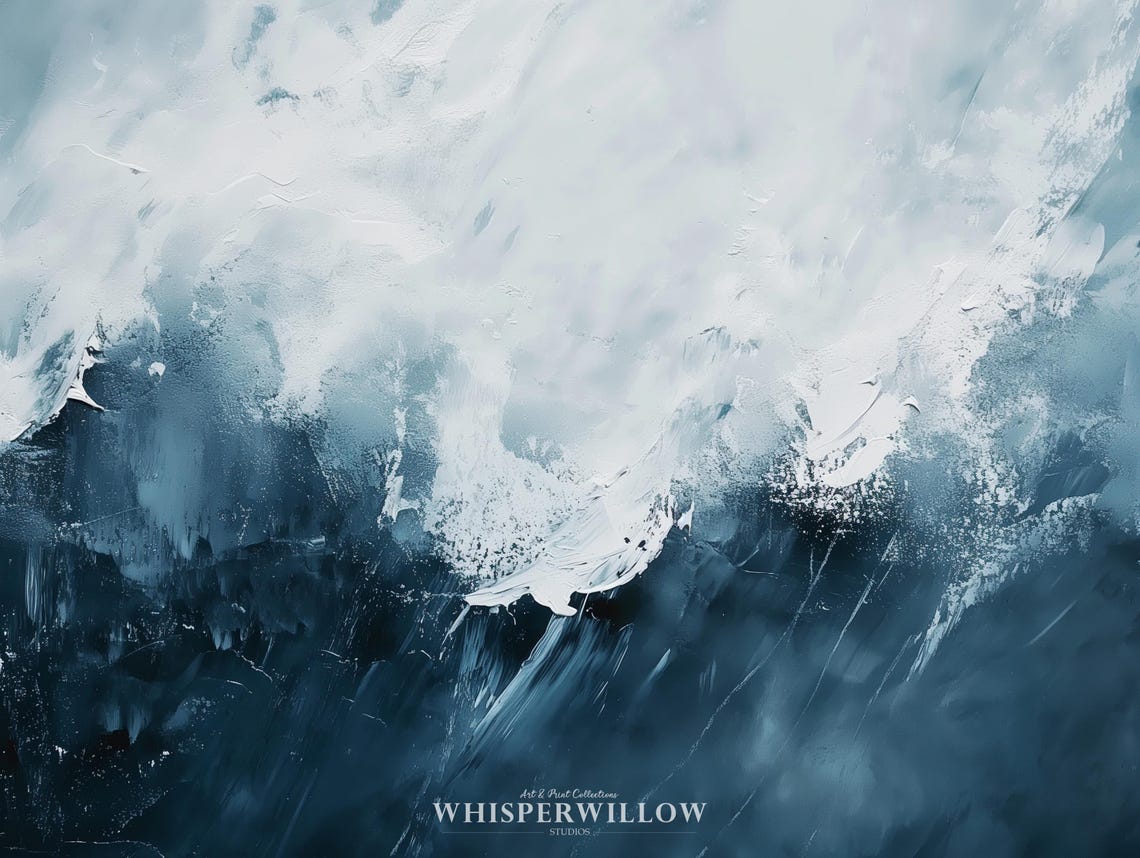Abstract Deep Blue Waterfall Painting Modern Minimalist Art Elegant Living Dining Or Bedroom Wall Decor - Image 6