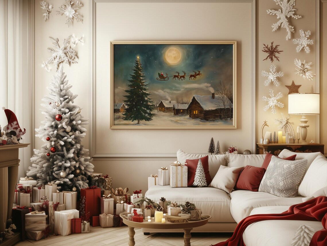 Santa Sleigh Over Moonlit Winter Village Art Print - Image 2
