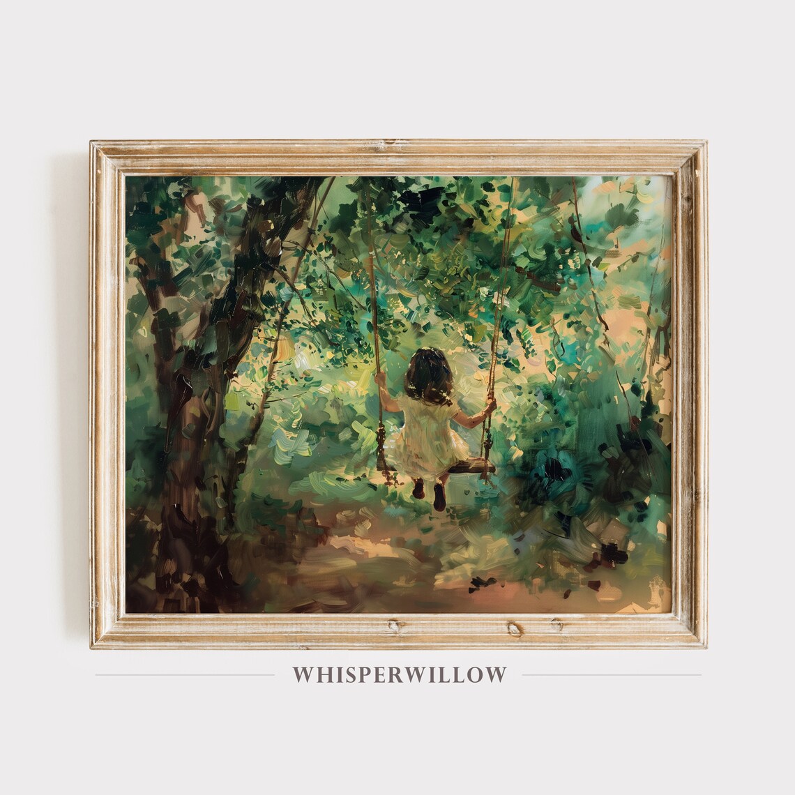 Little Girl on a Tree Swing in a Sunlit Forest Painting Poster