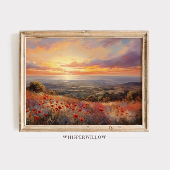 Anyas Vibrant Sunset Over Meadow Art Print