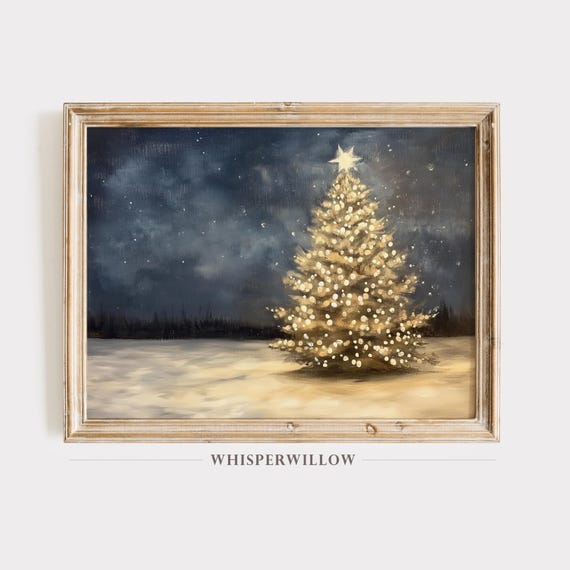 Glowing Christmas Tree Under Starry Sky Art Print