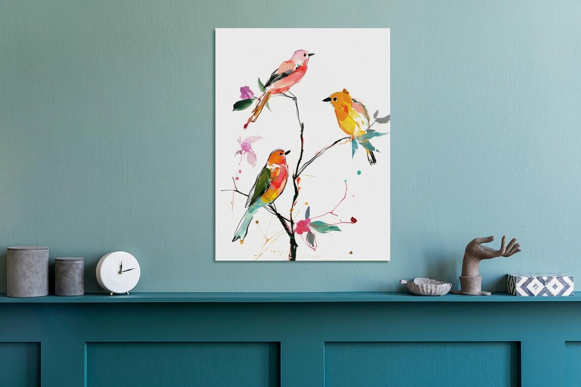 Colorful Songbirds Watercolor Painting Three Birds Branch Art Poster - Image 3