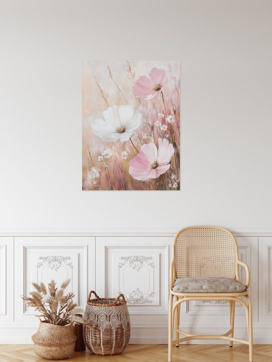 Dreamy Pink and White Cosmos Flowers Soft Floral Meadow Poster - Image 2