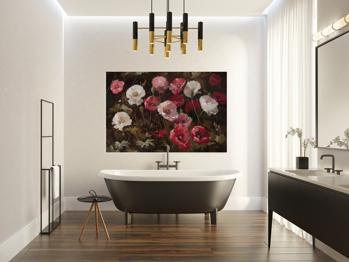Pink Red And White Poppies On Dark Moody Floral Oil Painting Poster - Image 3