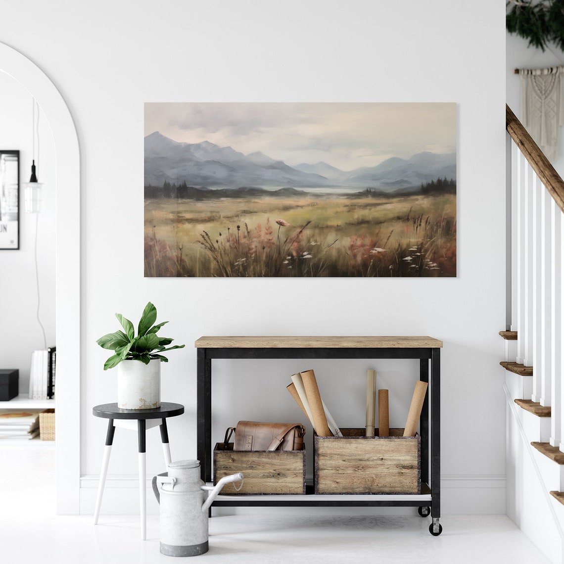 Misty Mountain Valley at Dawn Soft Grasses Vintage Landscape Poster - Image 5