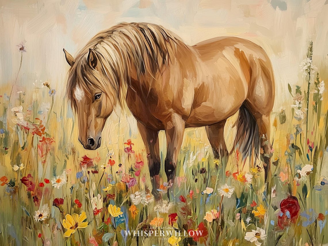 Chestnut Horse Standing Among Wildflowers Golden Light Poster - Image 6