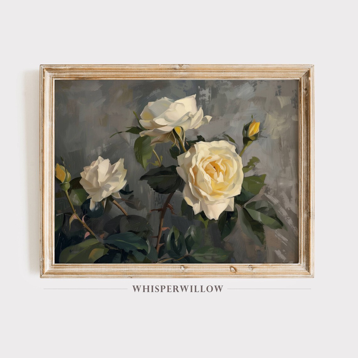 White Roses On Dark Gray Elegant Vintage Floral Oil Painting Poster