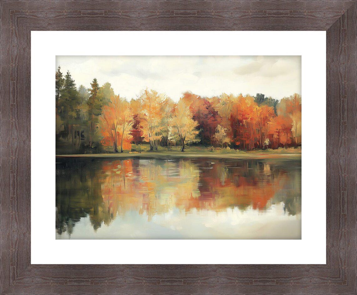 Autumn Lake Mirror Reflection Orange Foliage Vintage Painting Poster - Image 2