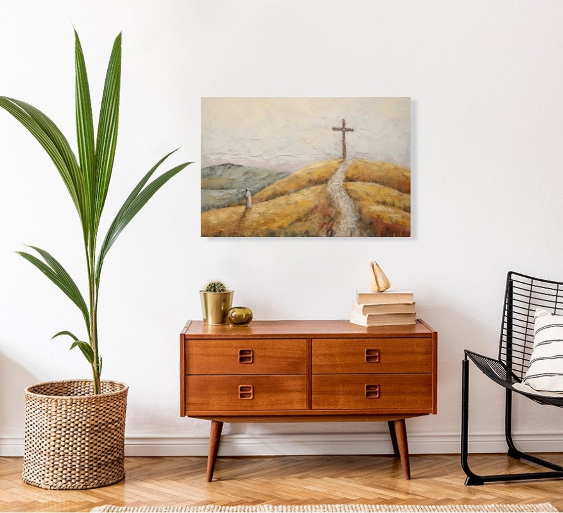 Cross on Golden Hill Christian Faith Walk Prayer Path Art Poster - Image 4