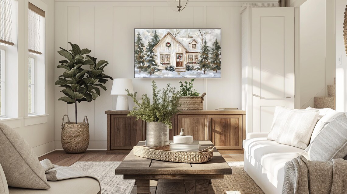 Cozy Snowy Christmas Cottage with Wreaths Winter Village Poster - Image 3