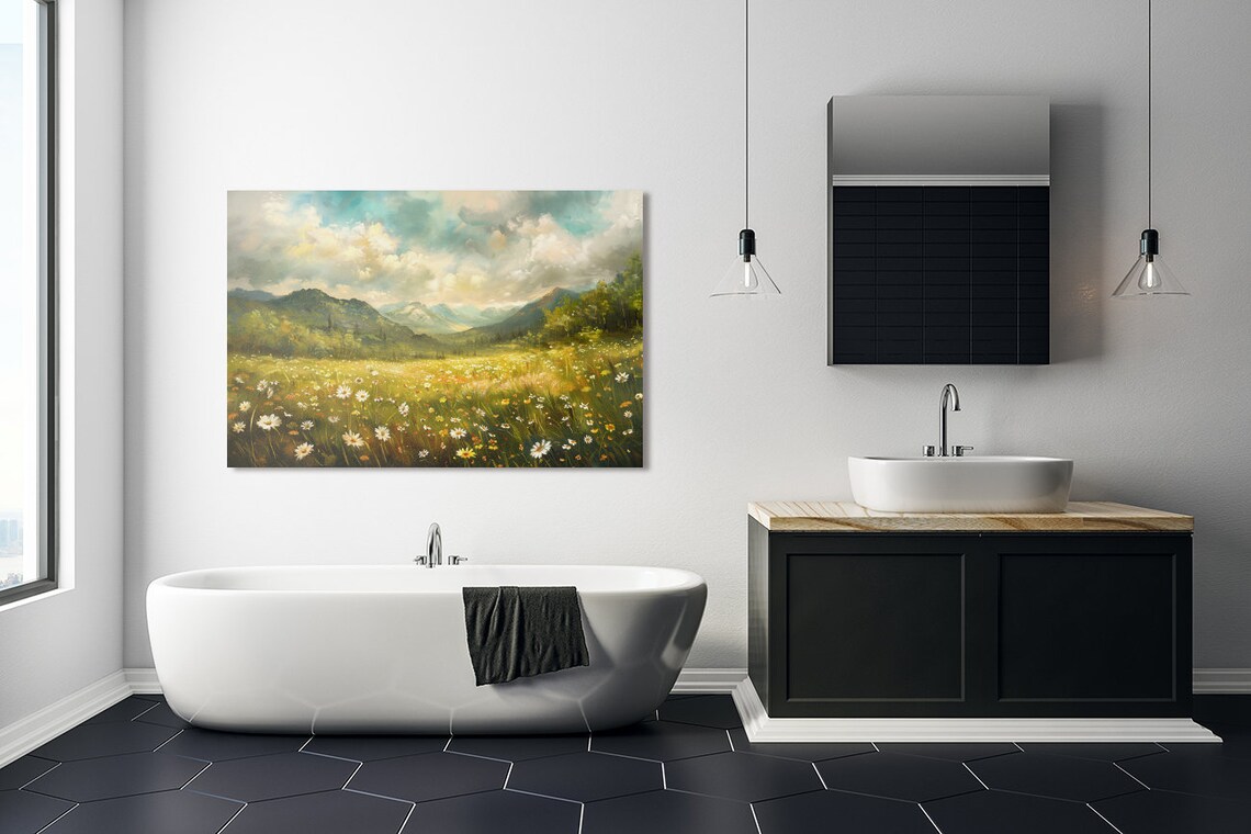 Daisy Wildflower Meadow With Mountains Bright Summer Scene Poster - Image 4