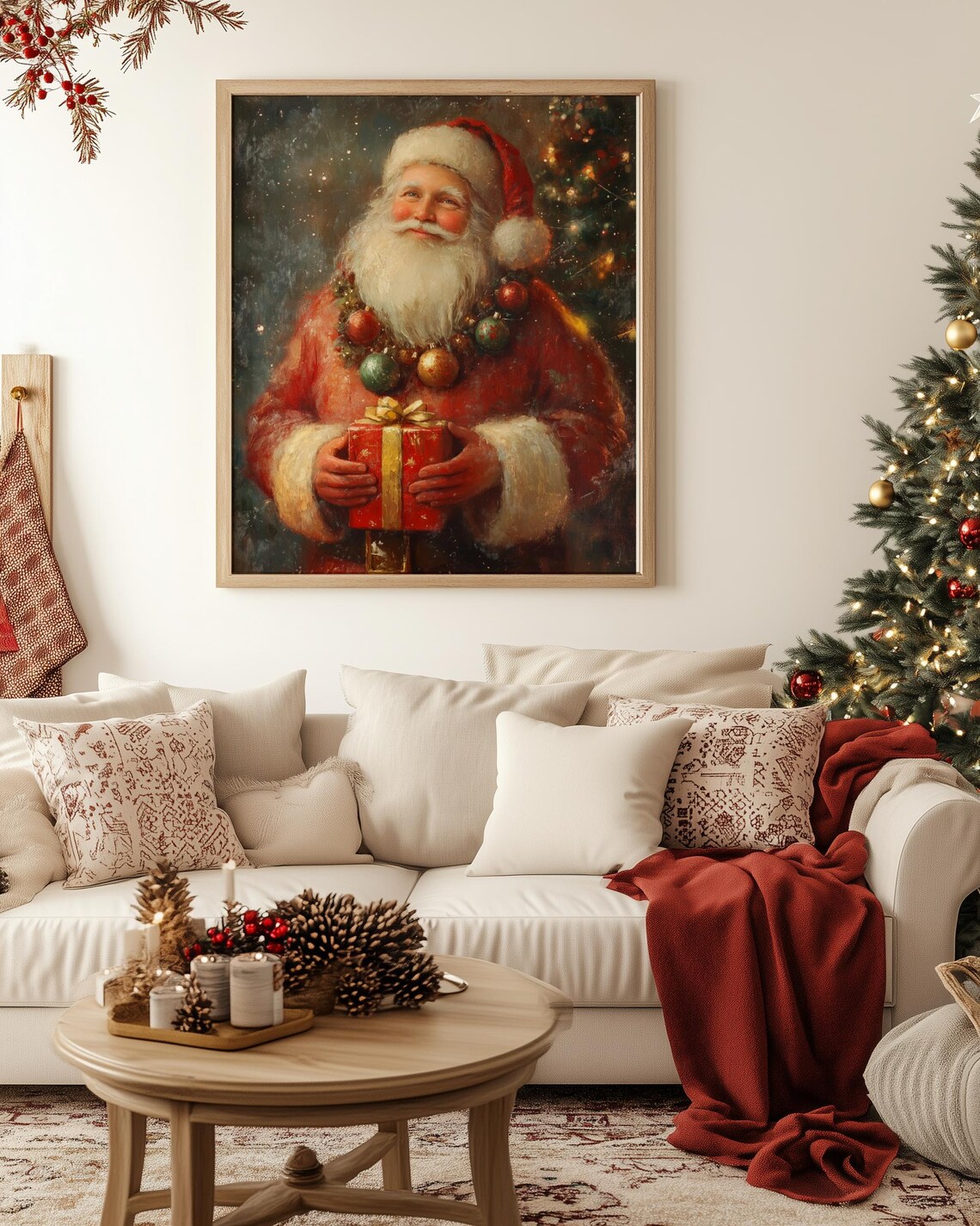 Jolly Santa Claus Holding Gift Vintage Style Christmas Painting Poster - Image 4