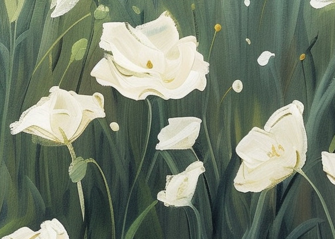 White Poppy Meadow With Distant Mountains Serene Landscape Poster - Image 5