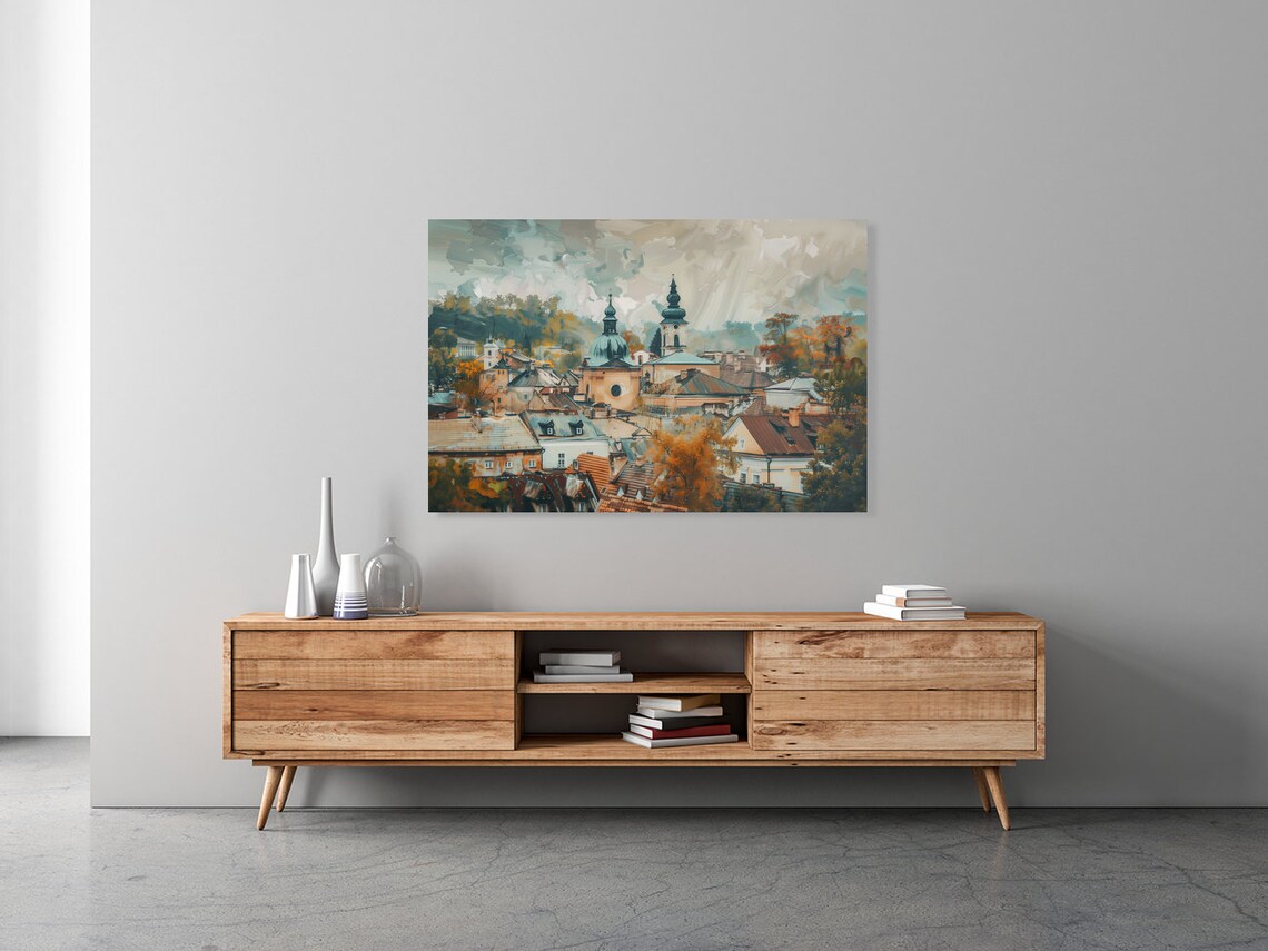 Old European City Rooftops Church Dome Autumn Treescape Poster - Image 2