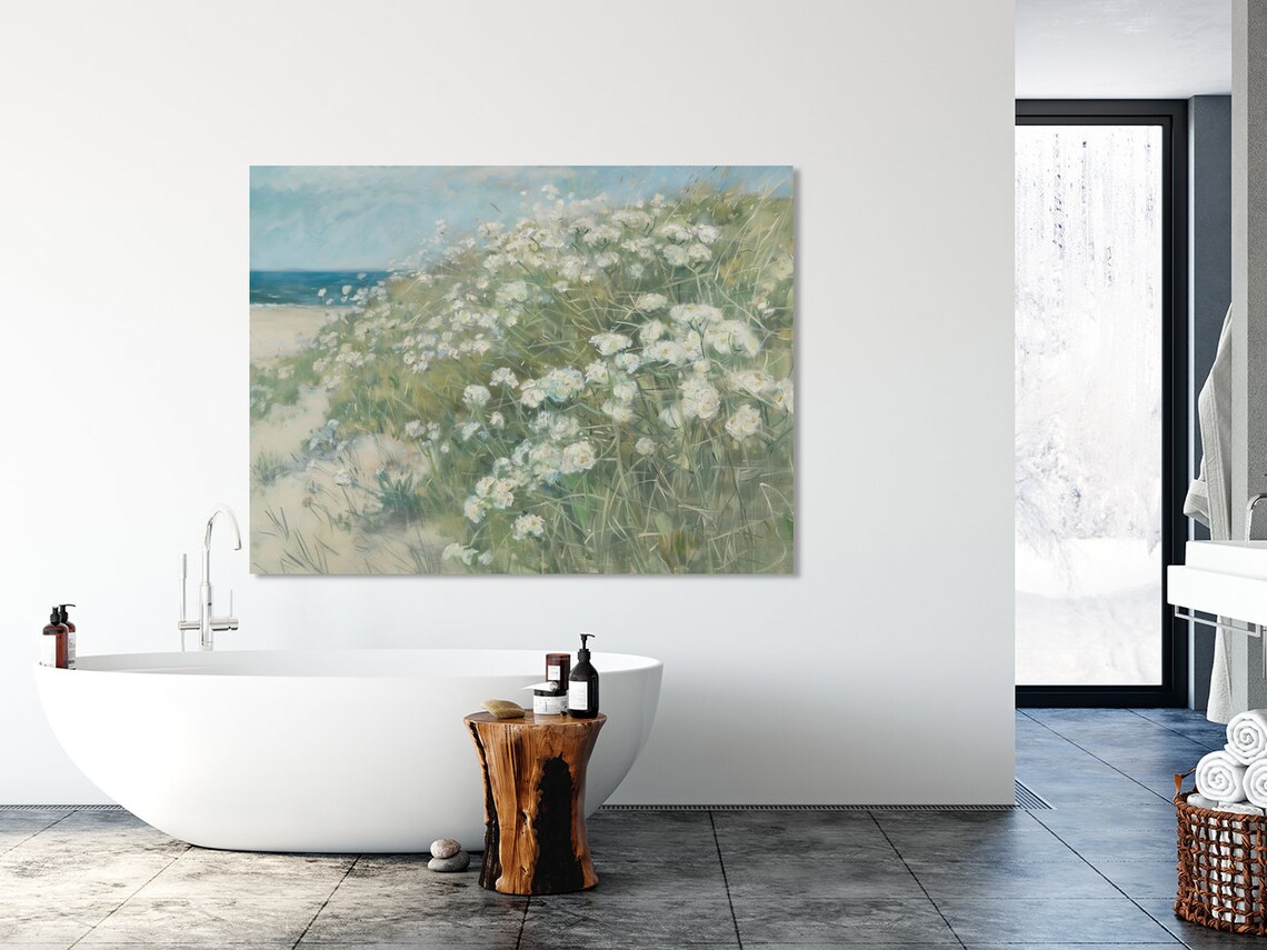 White Wildflowers On Coastal Sand Dunes Breezy Seascape Art Poster - Image 5