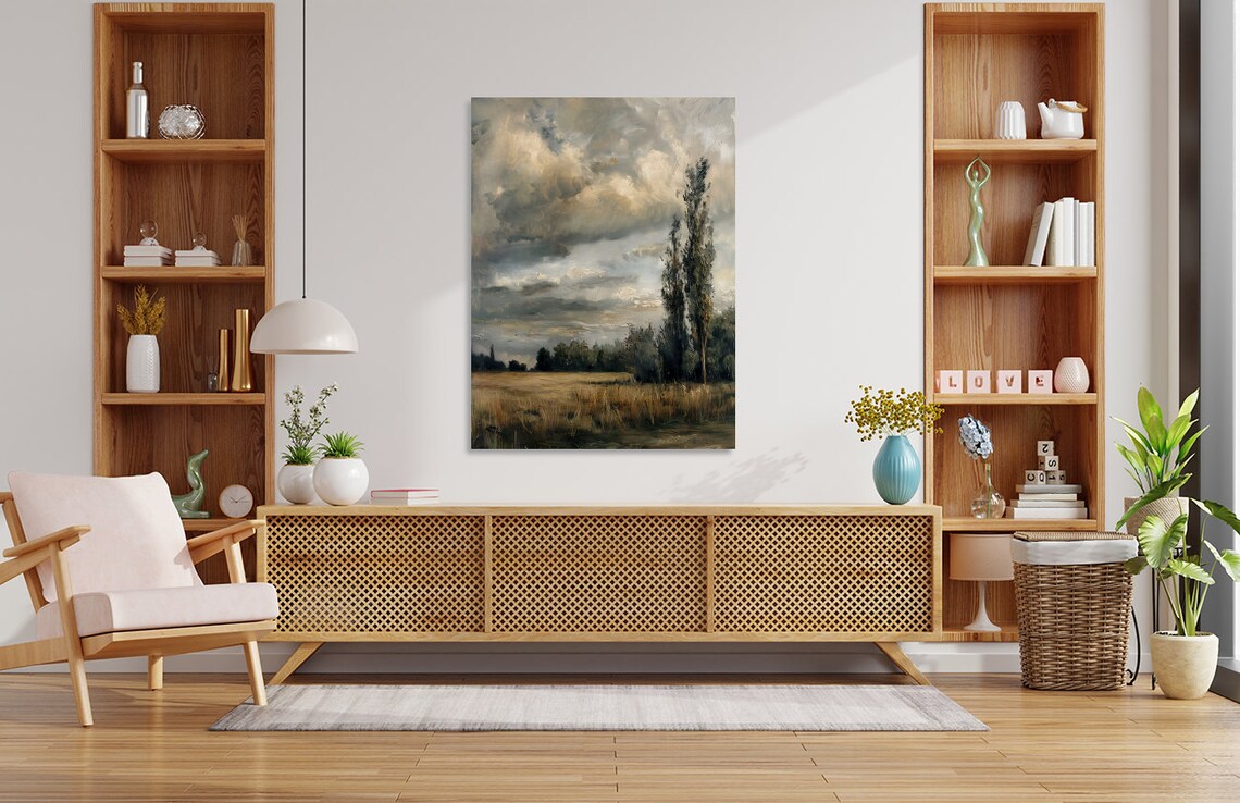 Vintage Country Moody Sky Sunset Field Landscape Art Print - Image 4