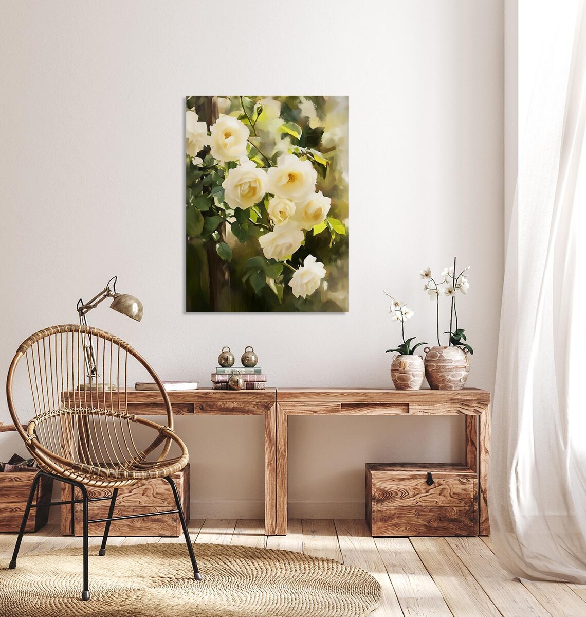 Elegant Cream White Roses Blooming Floral Garden Painting Wall Art - Image 2
