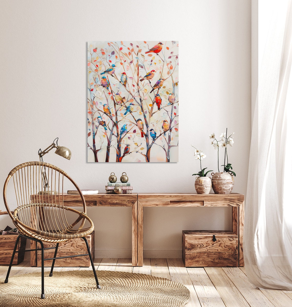 Colorful Birds Perched on Bare Branches Textured Oil Painting Poster - Image 5