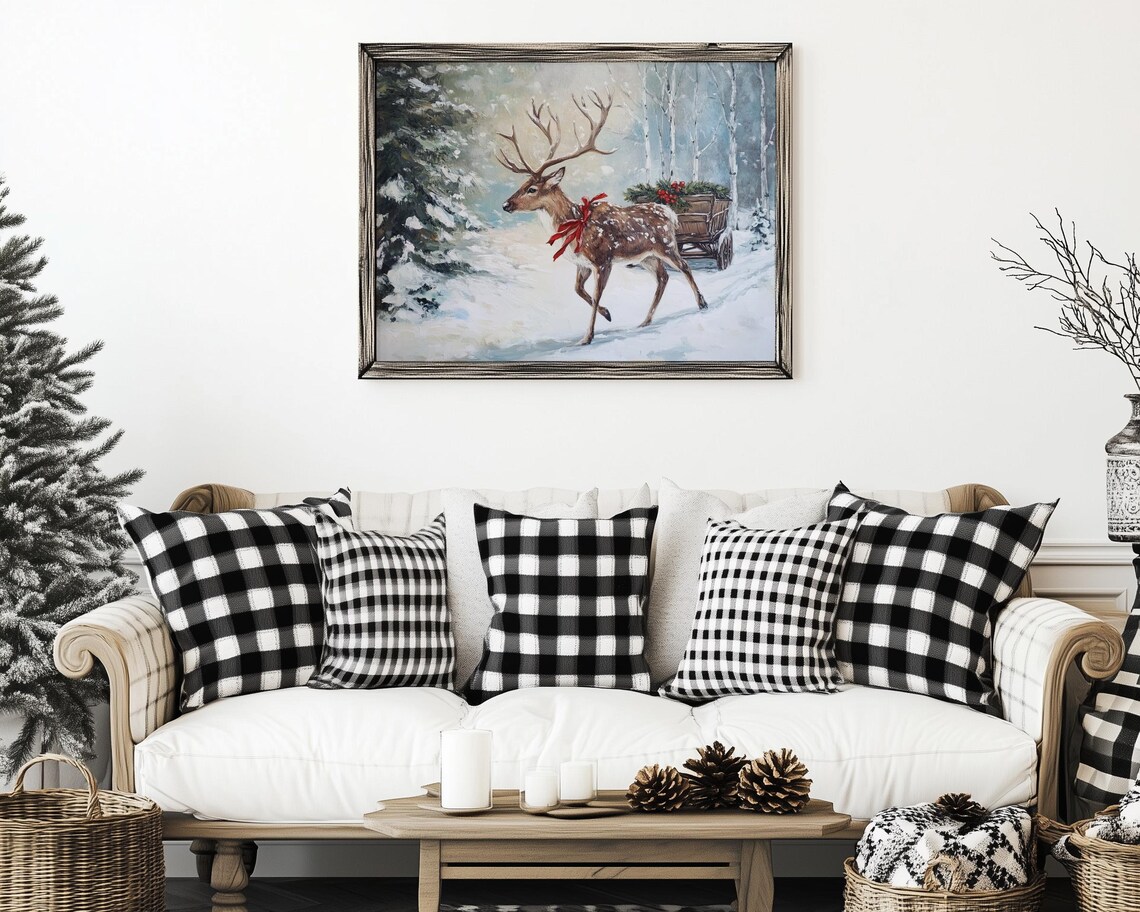 Christmas Reindeer Sleigh Cart in Snowy Birch Woods Winter Poster - Image 5