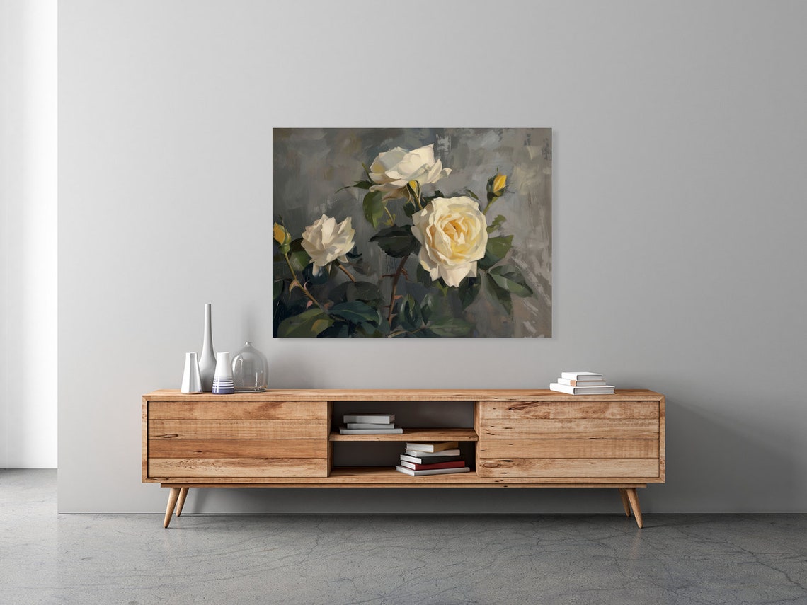 White Roses On Dark Gray Elegant Vintage Floral Oil Painting Poster - Image 3