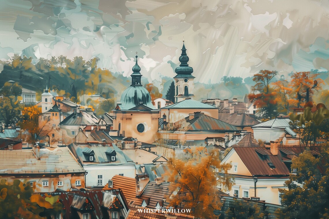 Old European City Rooftops Church Dome Autumn Treescape Poster - Image 6