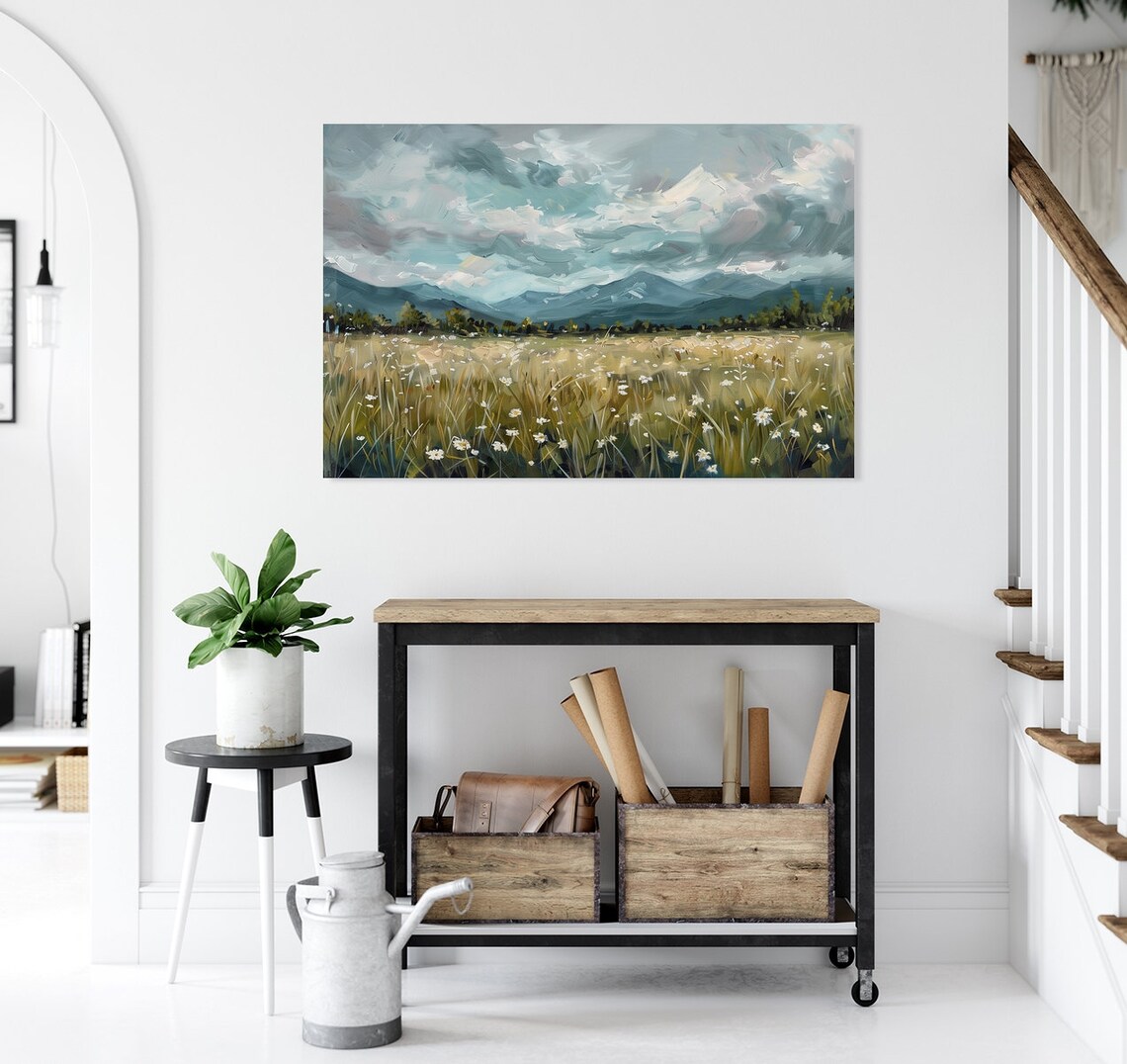 White Wildflowers and Mountains Oil Painting Art Print - Image 4