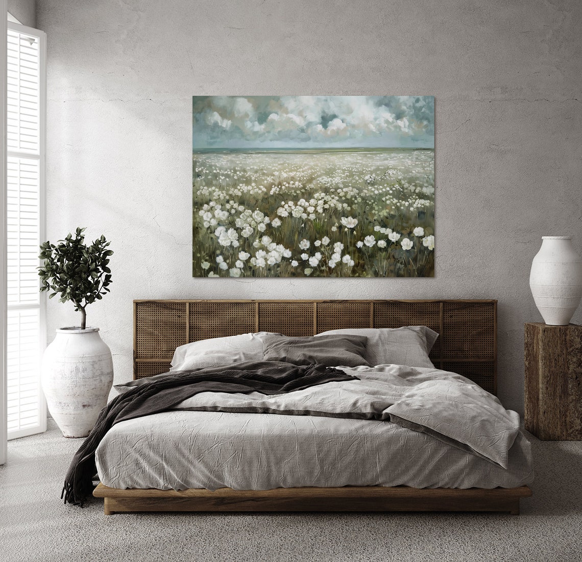 White Wildflowers Field Painting Cloudy Sky Scenic Floral Poster - Image 2