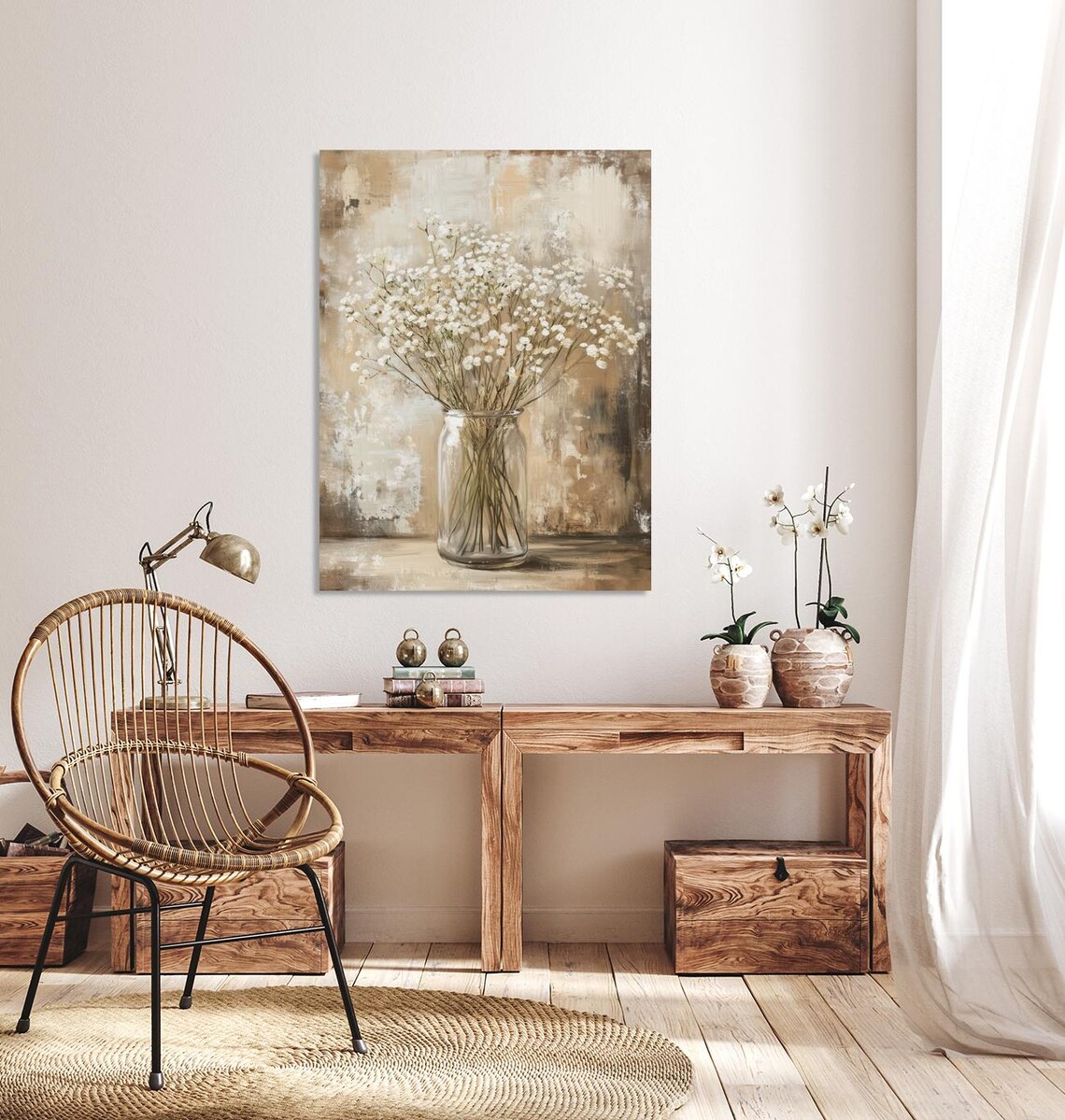 Neutral Babys Breath Flowers in Glass Jar Rustic Floral Poster - Image 2
