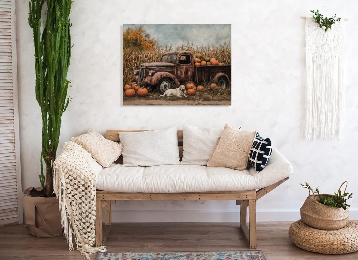 Vintage Pumpkin Truck with Labrador Dog in Autumn Cornfield Poster - Image 2