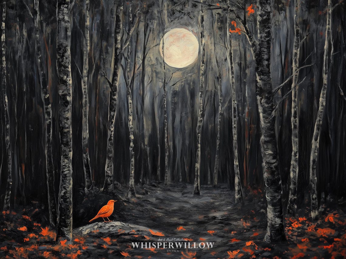 Orange Bird in Moonlit Forest Painting Full Moon Path Art Poster - Image 6
