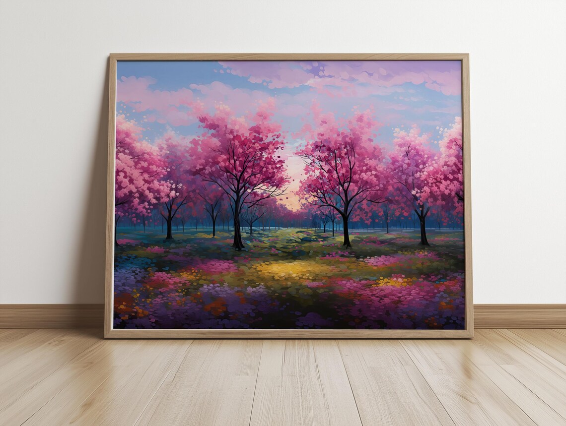 Cherry Blossom Trees Painting, Spring Landscape Art - Image 5