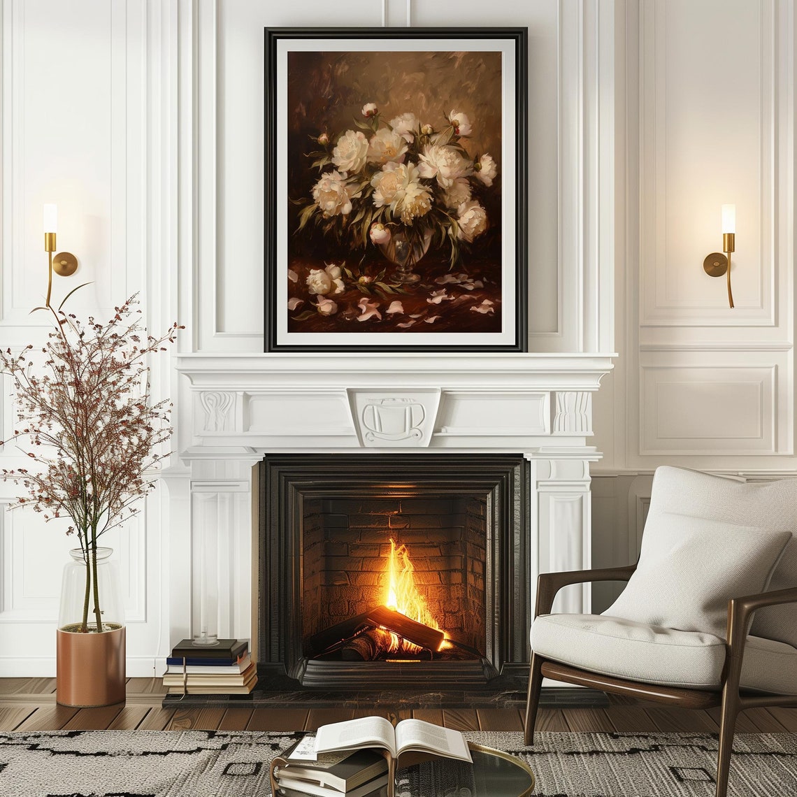 White Peonies In Glass Vase Dark Elegant Floral Still Life Poster - Image 4