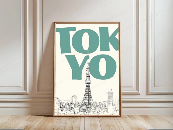 Tokyo Tower Line Art Teal Typography Japan City Travel Poster