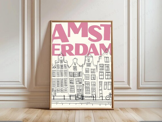 Amsterdam Print Netherlands City Poster Canal Houses Art Landmarks Illustration Dutch Cityscape Artwork