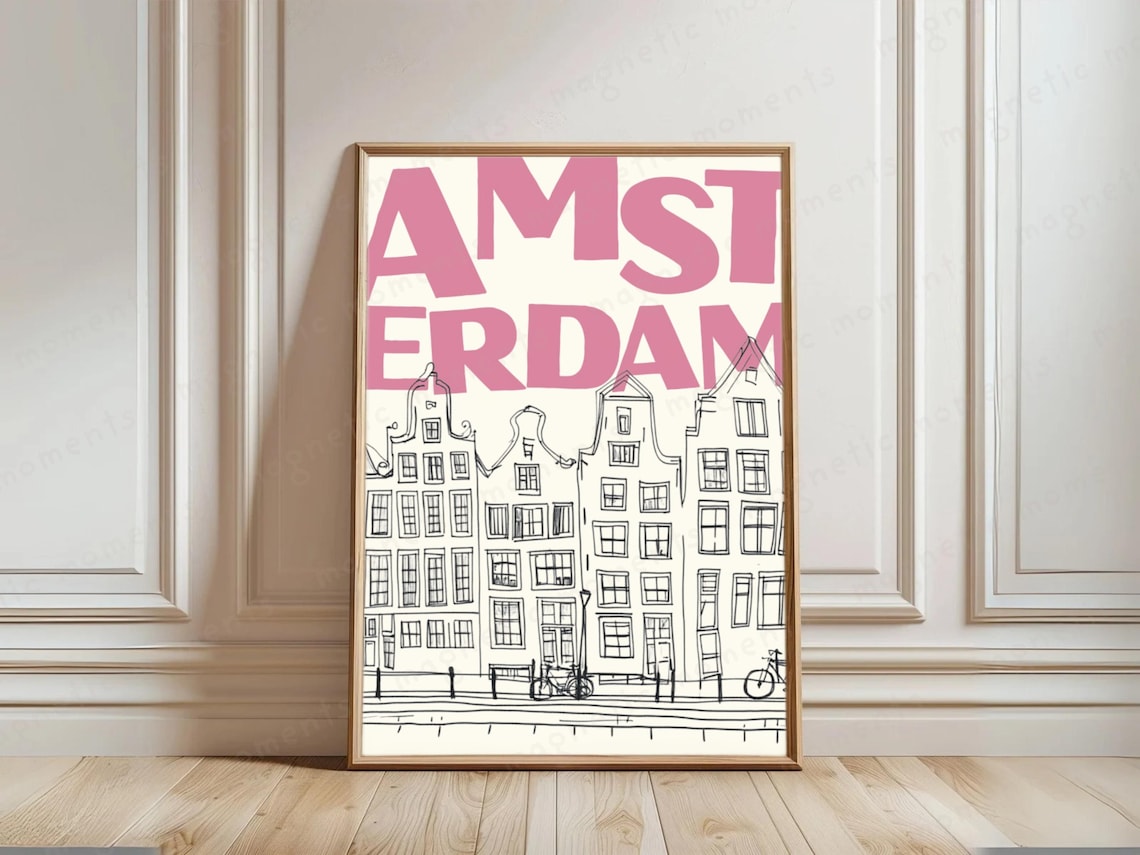 Amsterdam Canal Houses Line Art Pink Typography Travel Poster