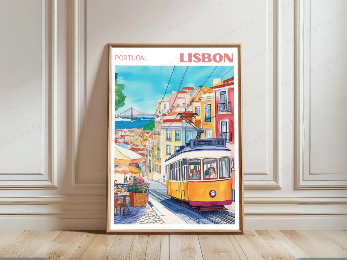 Lisbon Portugal Yellow Tram and Alfama Street Watercolor Poster