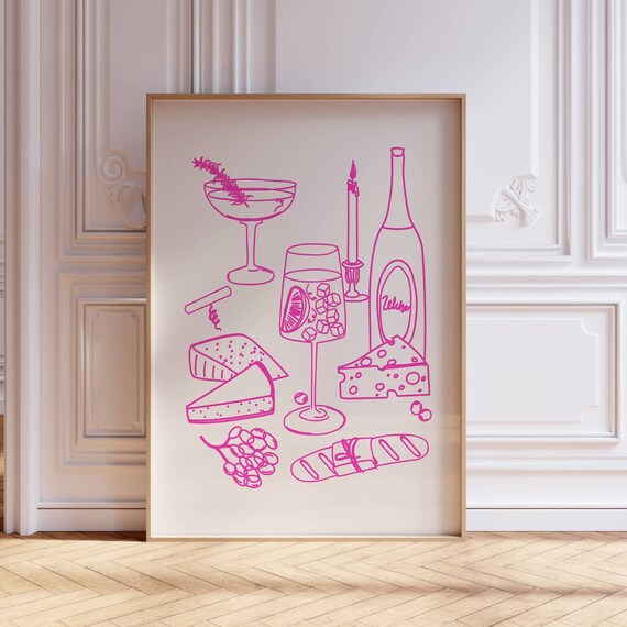 Pink Wine Cheese Line Art Gourmet Kitchen Illustration Poster