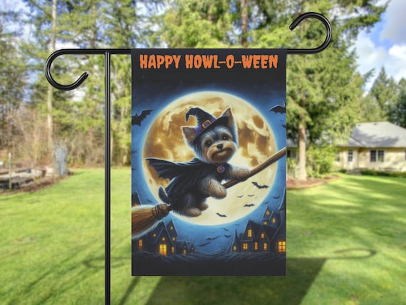 Yorkshire Terrier Happy Howl-O-Ween Witch Broomstick Garden Flag Print