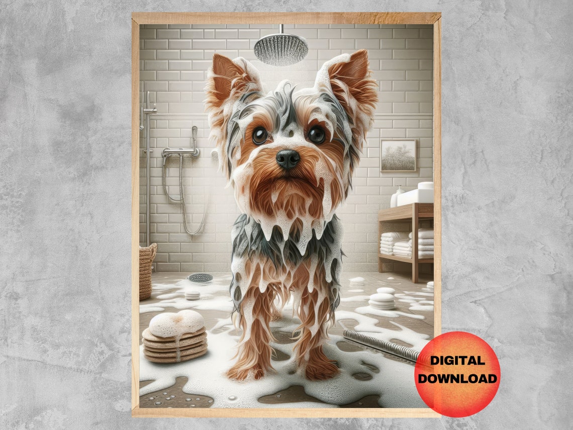 Soapy Yorkshire Terrier In Shower Funny Kids Bathroom Dog Art Poster