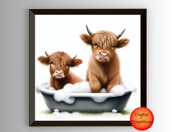 Baby Highland Cow Bathtub Print Funny Mom And Calf Bathroom Wall Art Whimsical Gift For Animal Lovers Kids