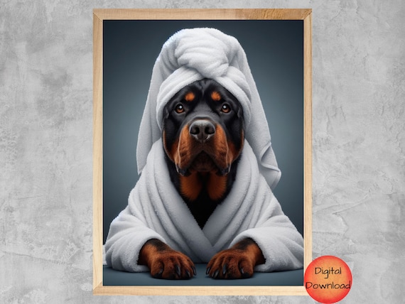 Rottweiler Bathroom Wall Art Pet Dog In Bathrobe Funny Bath Quirky Animal Bathtub Decor Portrait Lover Mom Gift