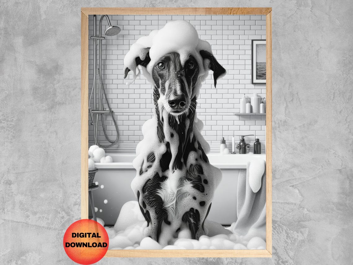 Great Dane Bubble Bath Soapy Dog Funny Black White Bathroom Poster