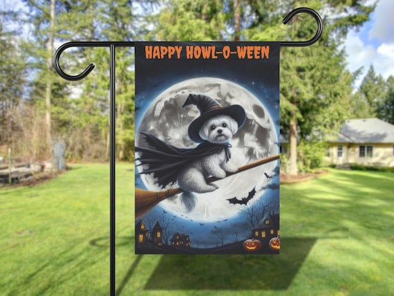 Happy Howl O Ween Maltese Witch Broomstick Full Moon Halloween Art Poster