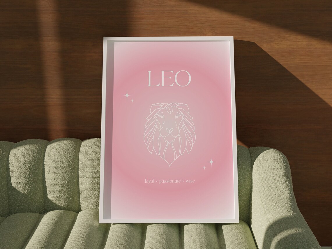 Leo Zodiac Lion Pink Gradient Aura White Line Art Star Poster - Image 2